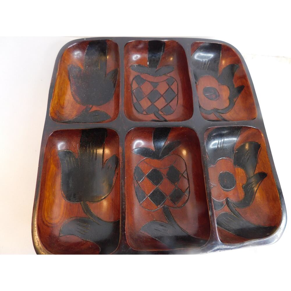 Vintage Carved Monkey Pod Divided Tray Platter Polynesia